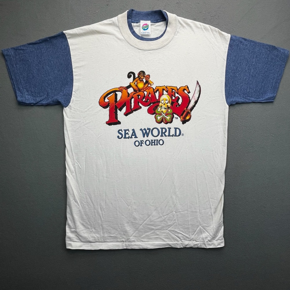 VTG SeaWorld Pirates Tee Men Large Made USA 90s Cartoon Graphic‎ Raglan Style